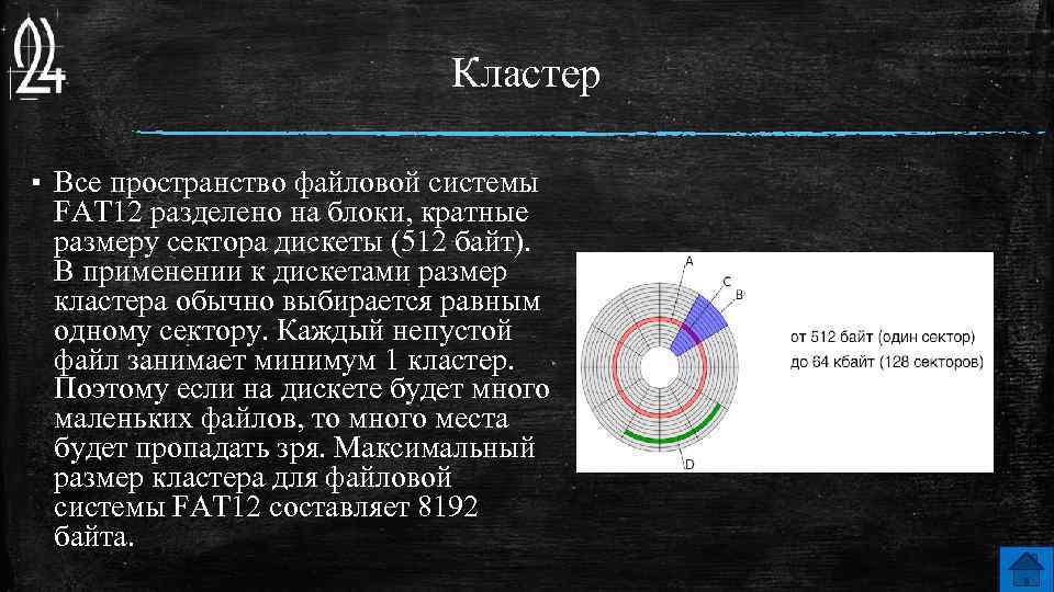 Кластер ▪ Все пространство файловой системы FAT 12 разделено на блоки, кратные размеру сектора