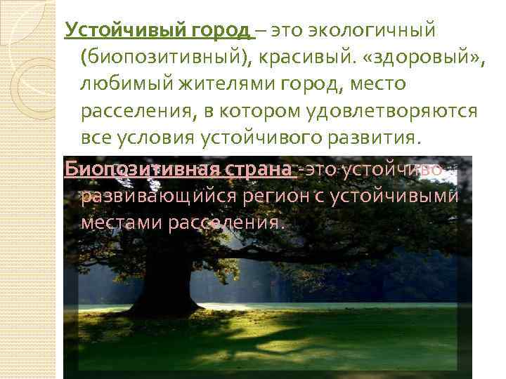 Устойчивый город – это экологичный (биопозитивный), красивый. «здоровый» , любимый жителями город, место расселения,