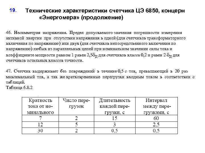 19. Технические характеристики счетчика ЦЭ 6850, концерн «Энергомера» (продолжение) 46. Несимметрия напряжения. Предел допускаемого