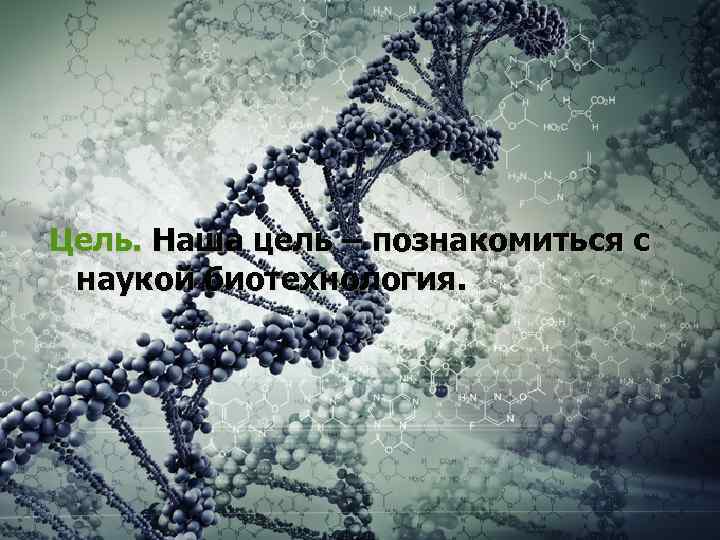 Цель. Наша цель – познакомиться с наукой биотехнология. 