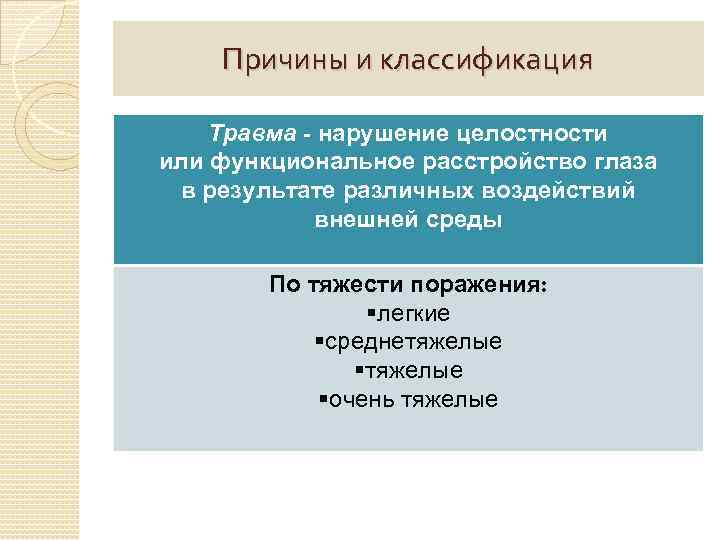 Причины и классификация Травма - нарушение целостности или функциональное расстройство глаза в результате различных