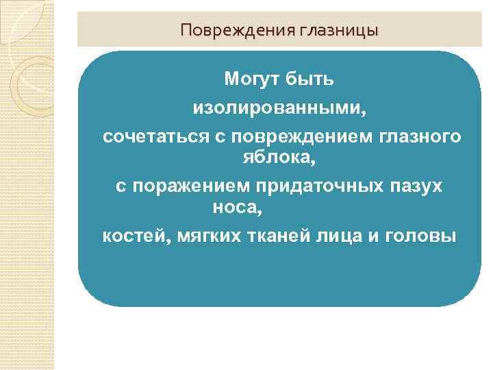 Повреждения глазницы Могут быть изолированными, сочетаться с повреждением глазного яблока, с поражением придаточных пазух