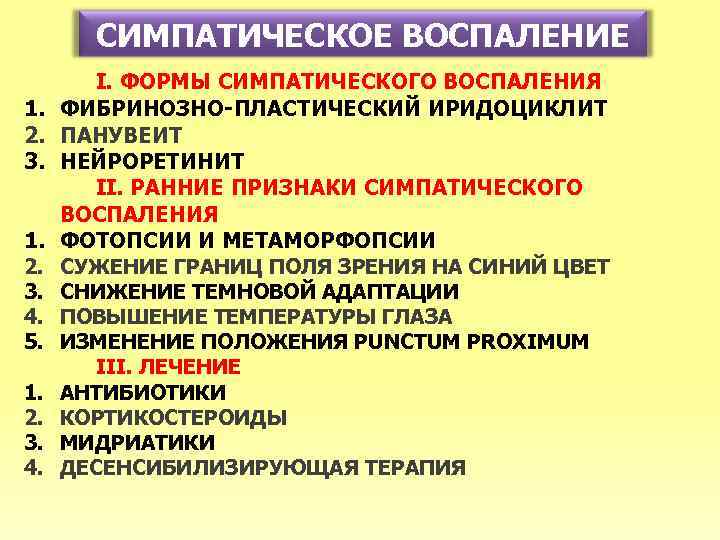 СИМПАТИЧЕСКОЕ ВОСПАЛЕНИЕ 1. 2. 3. 4. 5. 1. 2. 3. 4. I. ФОРМЫ СИМПАТИЧЕСКОГО