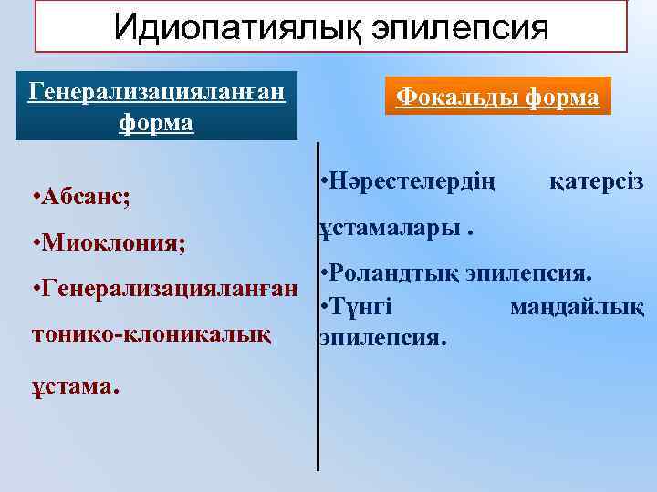 Идиопатиялық эпилепсия Генерализацияланған форма • Абсанс; • Миоклония; Фокальды форма • Нәрестелердің қатерсіз ұстамалары.