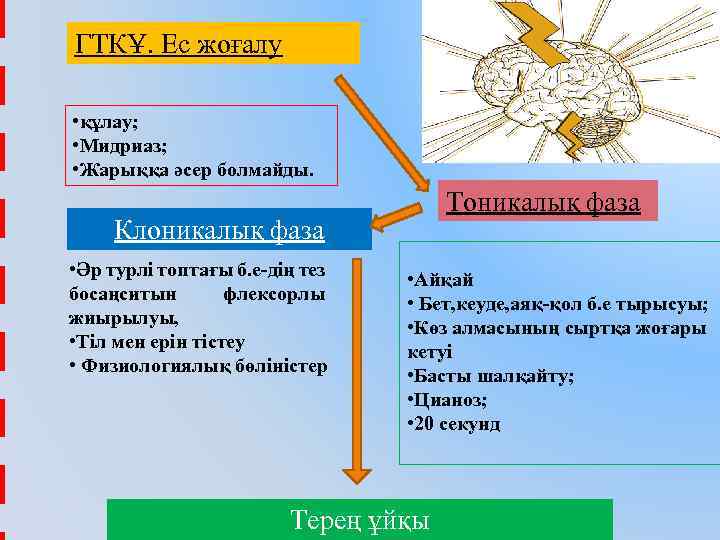 ГТКҰ. Ес жоғалу • құлау; • Мидриаз; • Жарыққа әсер болмайды. Тоникалық фаза Клоникалық