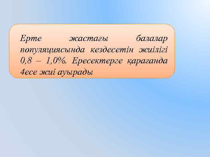 Ерте жастағы балалар популяциясында кездесетін жиілігі 0, 8 – 1, 0%. Ересектерге қарағанда 4