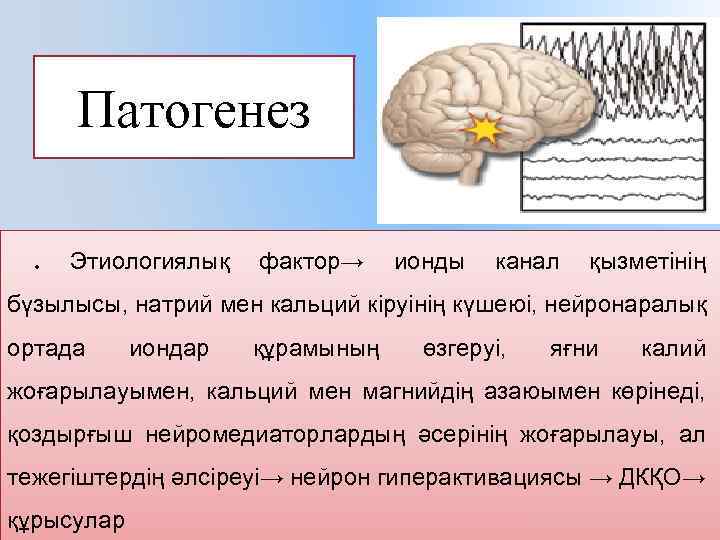 Патогенез. Этиологиялық фактор→ ионды канал қызметінің бүзылысы, натрий мен кальций кіруінің күшеюі, нейронаралық ортада