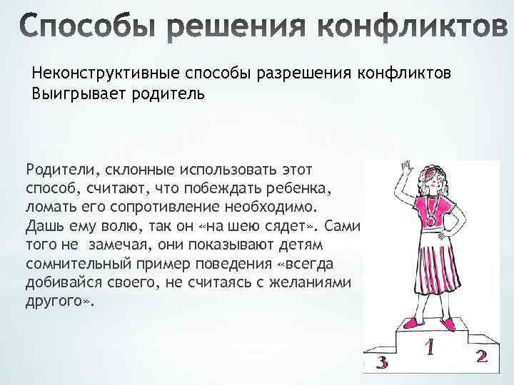 Неконструктивные способы разрешения конфликтов Выигрывает родитель Родители, склонные использовать этот способ, считают, что побеждать