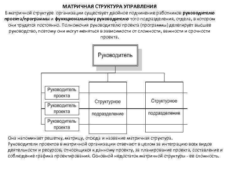 МАТРИЧНАЯ СТРУКТУРА УПРАВЛЕНИЯ В матричной структуре организации существует двойное подчинение работников руководителю проекта/программы и