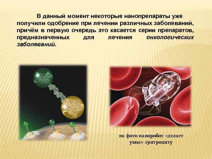 В данный момент некоторые нанопрепараты уже получили одобрение при лечении различных заболеваний, причём в