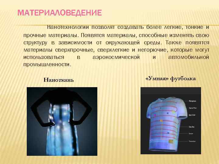 МАТЕРИАЛОВЕДЕНИЕ Нанотехнологии позволят создавать более легкие, тонкие и прочные материалы. Появятся материалы, способные изменять