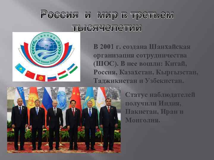 Россия и мир в третьем тысячелетии В 2001 г. создана Шанхайская организация сотрудничества (ШОС).