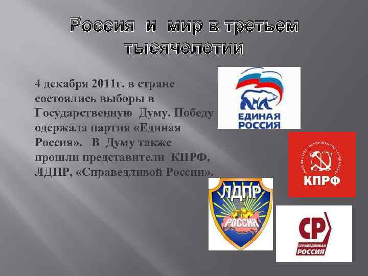 Россия и мир в третьем тысячелетии 4 декабря 2011 г. в стране состоялись выборы