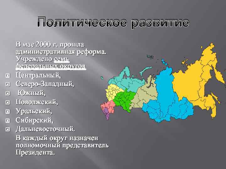 Политическое развитие В мае 2000 г. прошла административная реформа. Учреждено семь федеральных округов Центральный,