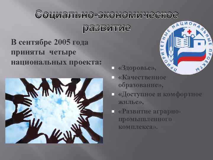 Социально-экономическое развитие В сентябре 2005 года приняты четыре национальных проекта: «Здоровье» , «Качественное образование»