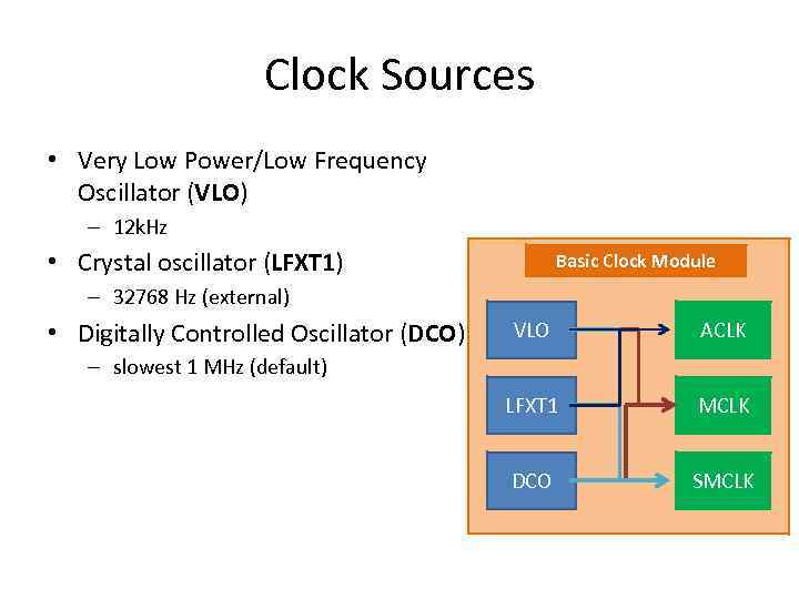 Clock Sources • Very Low Power/Low Frequency Oscillator (VLO) – 12 k. Hz •