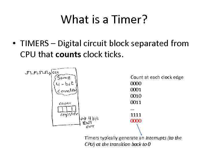 What is a Timer? • TIMERS – Digital circuit block separated from CPU that