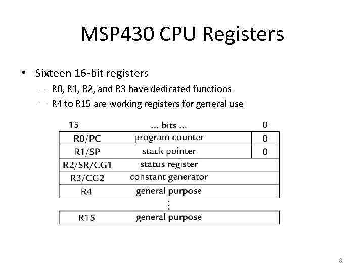 MSP 430 CPU Registers • Sixteen 16‐bit registers – R 0, R 1, R