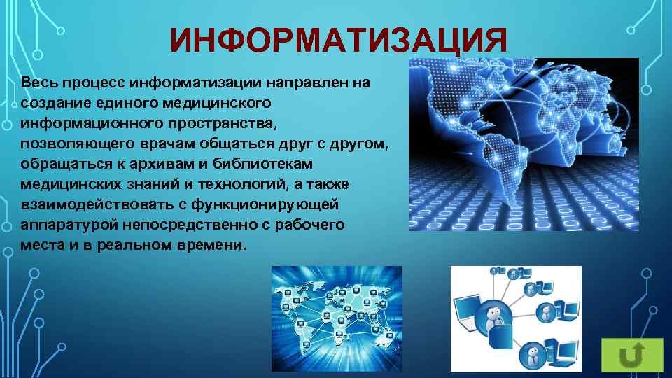 ИНФОРМАТИЗАЦИЯ Весь процесс информатизации направлен на создание единого медицинского информационного пространства, позволяющего врачам общаться