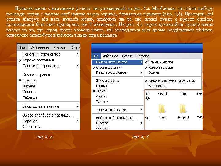 Приклад меню з командами різного типу наведений на рис. 4, а. Ми бачимо, що