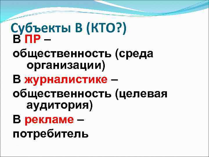 Субъекты В (КТО? ) В ПР – общественность (среда организации) В журналистике – общественность