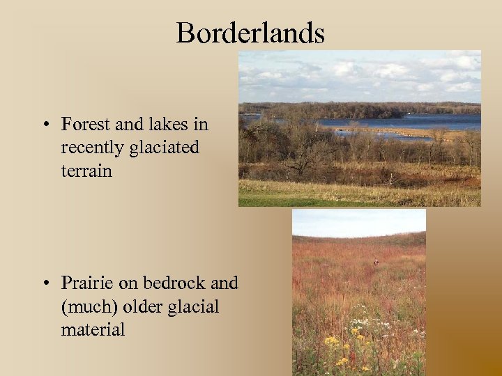 Borderlands • Forest and lakes in recently glaciated terrain • Prairie on bedrock and