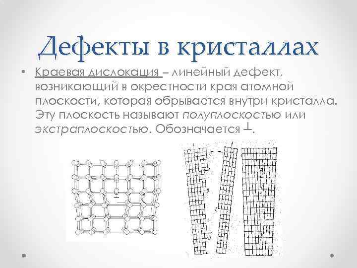 Дефекты в кристаллах • Краевая дислокация – линейный дефект, возникающий в окрестности края атомной