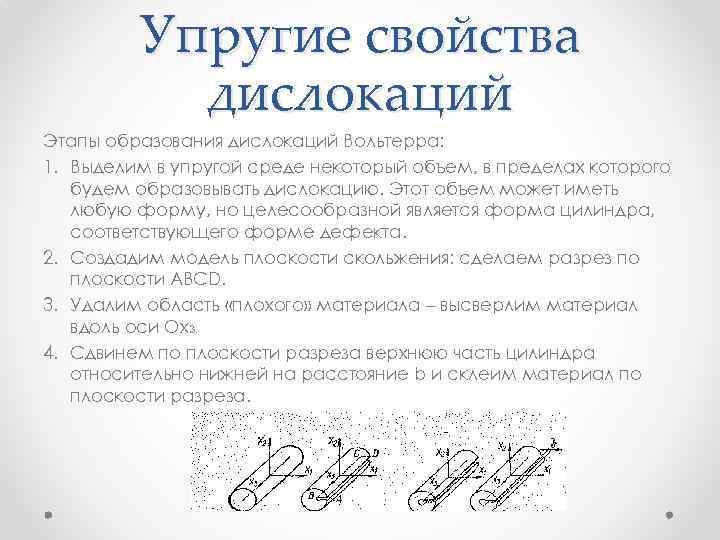 Упругие свойства дислокаций Этапы образования дислокаций Вольтерра: 1. Выделим в упругой среде некоторый объем,