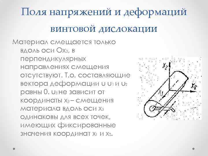 Поля напряжений и деформаций винтовой дислокации Материал смещается только вдоль оси Ох3, в перпендикулярных