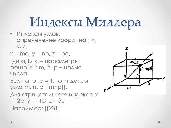 Индексы Миллера • Индексы узлов: определение координат: x, y, z, x = ma, y