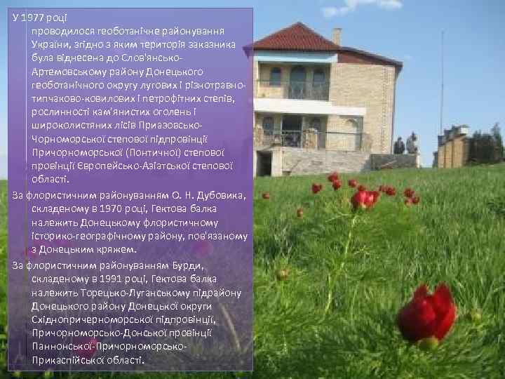 У 1977 році проводилося геоботанічне районування України, згідно з яким територія заказника була віднесена