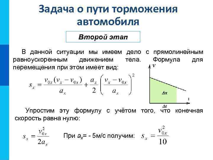 Задача о пути торможения автомобиля Второй этап В данной ситуации мы имеем дело с