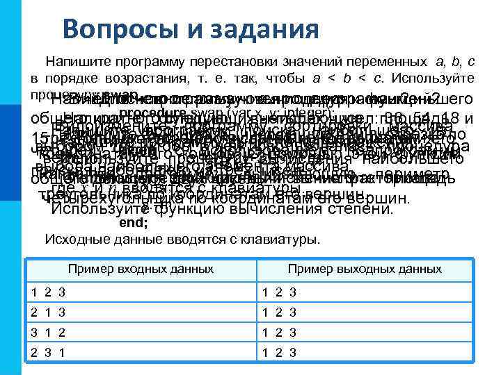 Вопросы и задания Напишите программу перестановки значений переменных a, b, с в порядке возрастания,