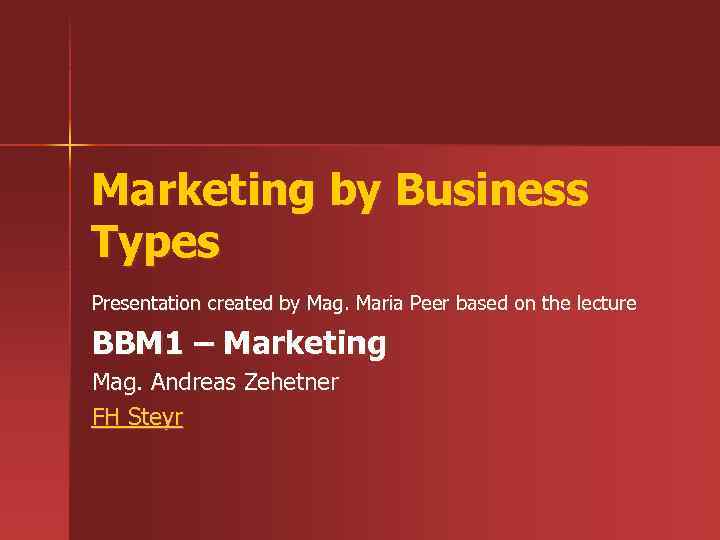 Marketing by Business Types Presentation created by Mag. Maria Peer based on the lecture