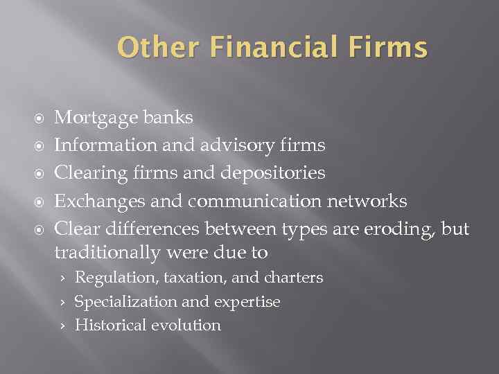 Other Financial Firms Mortgage banks Information and advisory firms Clearing firms and depositories Exchanges