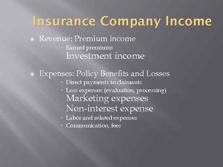 Insurance Company Income Revenue: Premium income Earned premiums Investment income Expenses: Policy Benefits and