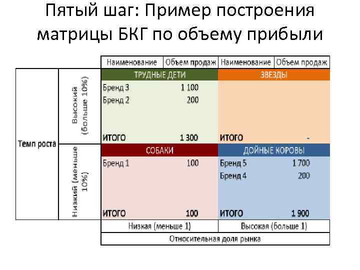 Пятый шаг: Пример построения матрицы БКГ по объему прибыли 