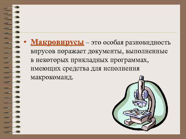  • Макровирусы – это особая разновидность вирусов поражает документы, выполненные в некоторых прикладных