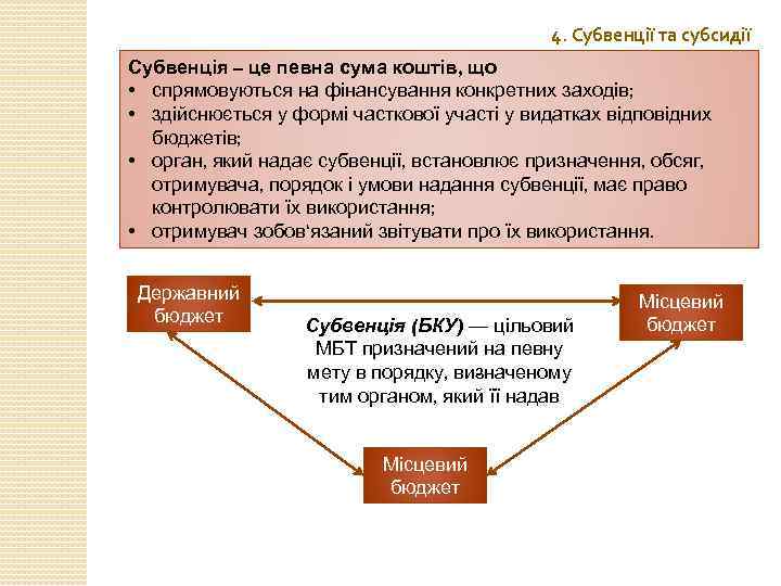 4. Субвенції та субсидії Субвенція – це певна сума коштів, що • спрямовуються на