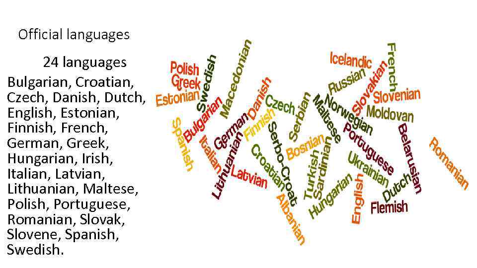 Official languages 24 languages Bulgarian, Croatian, Czech, Danish, Dutch, English, Estonian, Finnish, French, German,