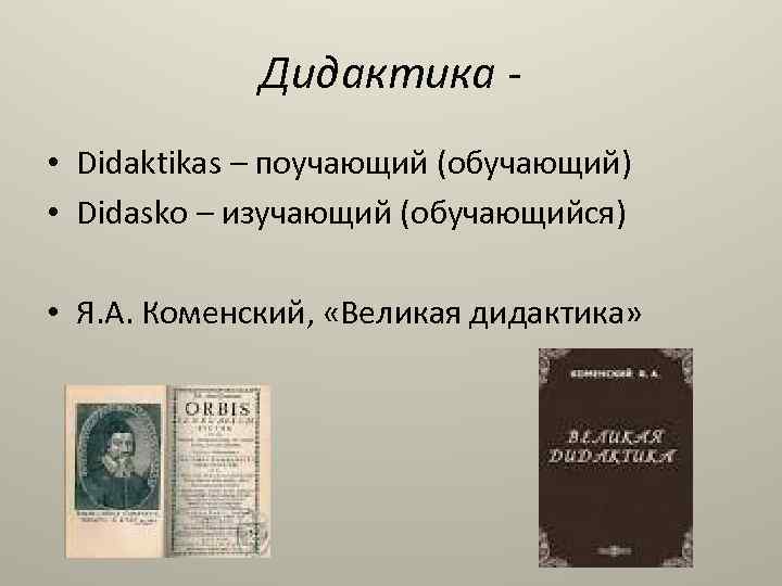 Дидактика • Didaktikas – поучающий (обучающий) • Didasko – изучающий (обучающийся) • Я. А.