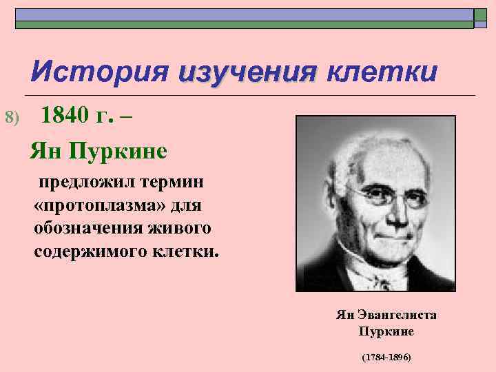 История изучения клетки 8) 1840 г. – Ян Пуркине предложил термин «протоплазма» для обозначения