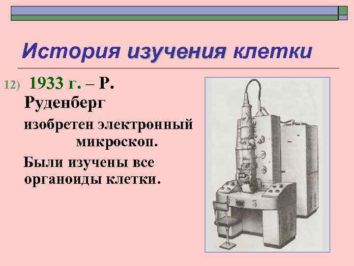 История изучения клетки 12) 1933 г. – Р. Руденберг изобретен электронный микроскоп. Были изучены