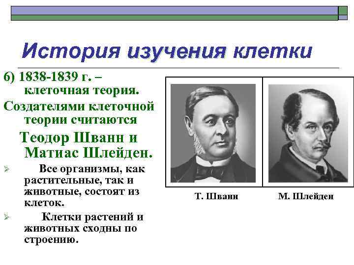 История изучения клетки 6) 1838 -1839 г. – клеточная теория. Создателями клеточной теории считаются