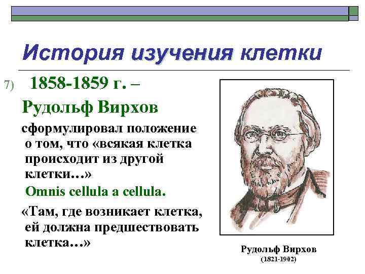 История изучения клетки 7) 1858 -1859 г. – Рудольф Вирхов сформулировал положение о том,