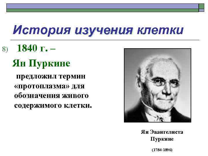 История изучения клетки 8) 1840 г. – Ян Пуркине предложил термин «протоплазма» для обозначения