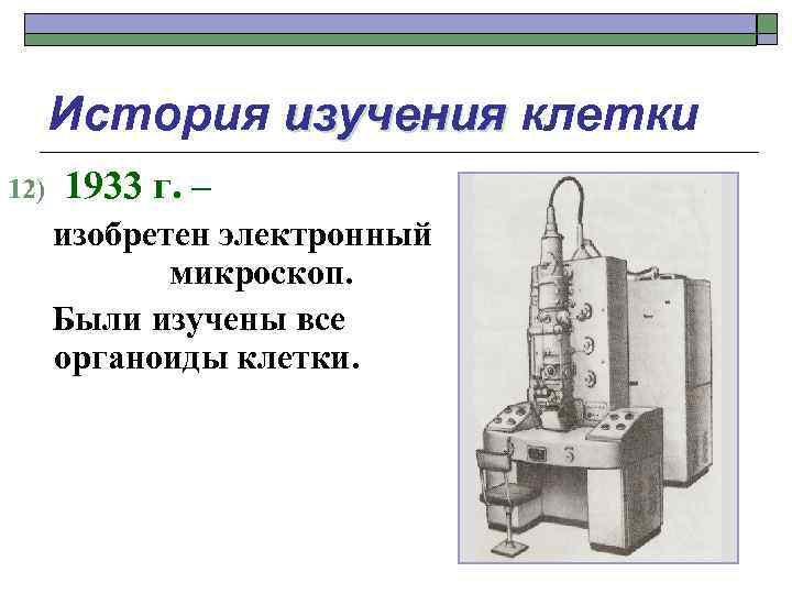 История изучения клетки 12) 1933 г. – изобретен электронный микроскоп. Были изучены все органоиды