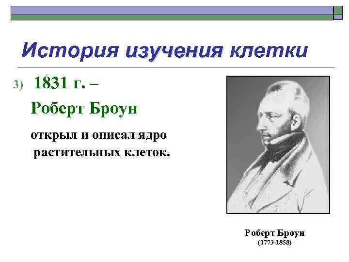 История изучения клетки 3) 1831 г. – Роберт Броун открыл и описал ядро растительных