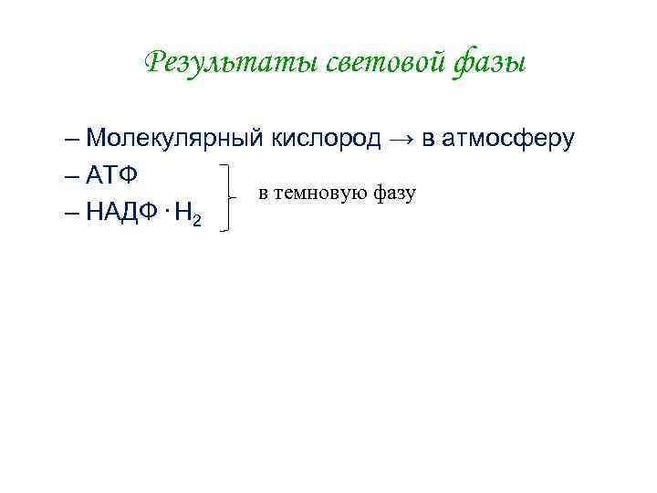 Результаты световой фазы – Молекулярный кислород → в атмосферу – АТФ в темновую фазу