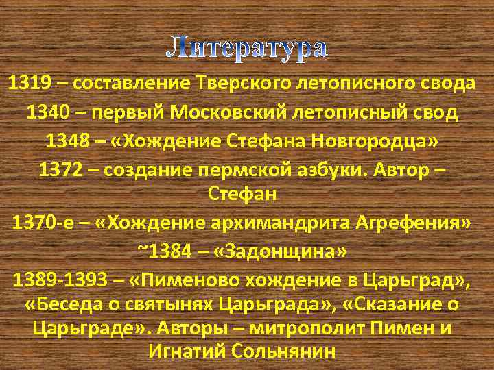 1319 – составление Тверского летописного свода 1340 – первый Московский летописный свод 1348 –